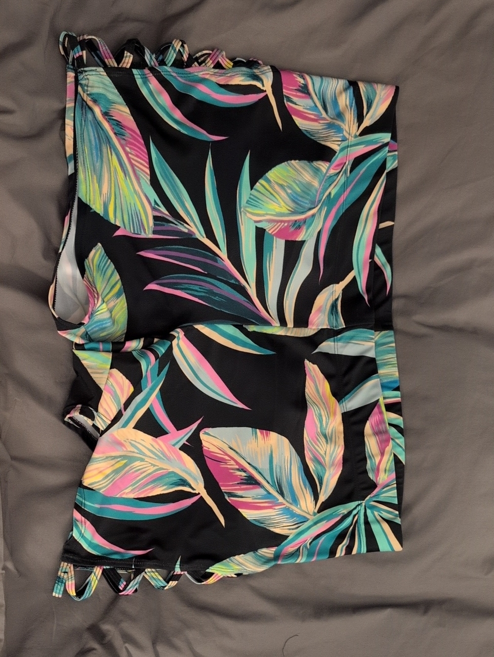 Women Tropical Print Swim Shorts - Black with Multicolor Leaf Pattern Torrid 3